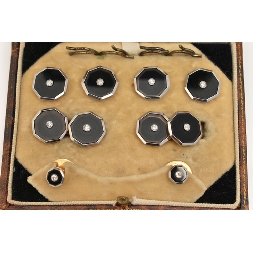 57 - A CASED BUTTON AND CUFFLINK SET, comprising of four buttons with fittings, a pair of cufflinks and t... 