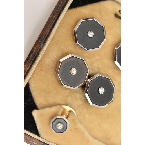 57 - A CASED BUTTON AND CUFFLINK SET, comprising of four buttons with fittings, a pair of cufflinks and t... 