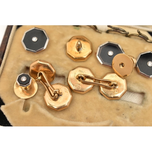 57 - A CASED BUTTON AND CUFFLINK SET, comprising of four buttons with fittings, a pair of cufflinks and t... 