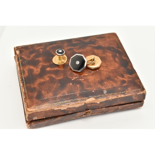 57 - A CASED BUTTON AND CUFFLINK SET, comprising of four buttons with fittings, a pair of cufflinks and t... 