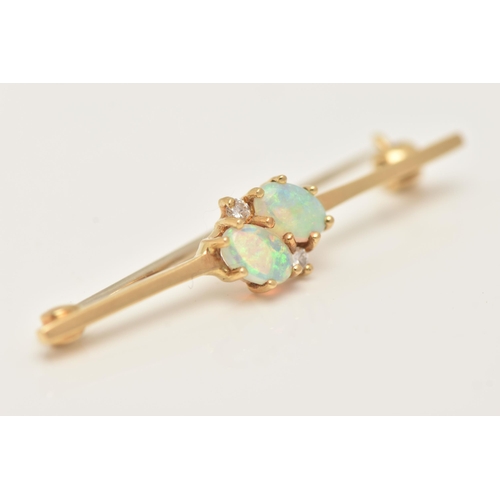 59 - AN 18CT GOLD OPAL AND DIAMOND BROOCH, set with two oval cut white opals, each in six claw settings, ... 