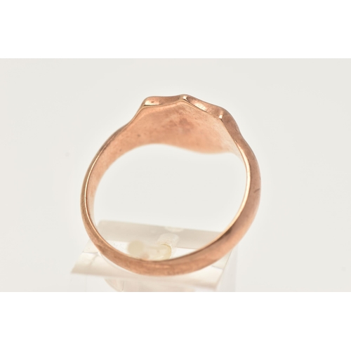 6 - A 9CT GOLD SIGNET RING, a rose tone shield design signet with monogram detail, approximate width 13m... 