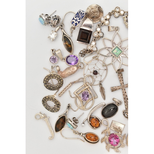 64 - AN ASSORTMENT OF WHITE METAL JEWELLERY, to include a selection of pendants and earrings, some pieces... 