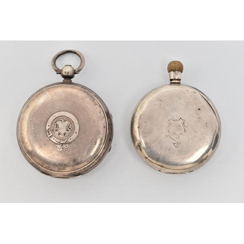 65 - TWO SILVER POCKET WATCHES, the first an open face key wound movement, round white dial, unsigned, Ro... 