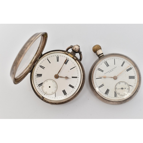 65 - TWO SILVER POCKET WATCHES, the first an open face key wound movement, round white dial, unsigned, Ro... 