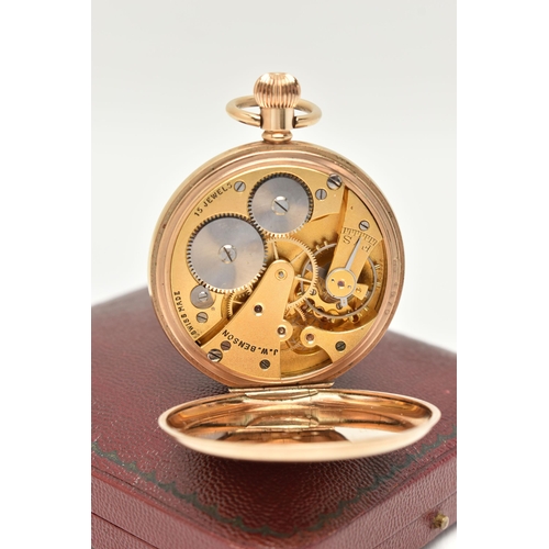 67 - A 9CT GOLD OPEN FACE POCKET WATCH, hand wound movement, round white dial signed 'J.W.Benson', Roman ... 