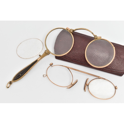 69 - A PAIR OF EARLY 20TH CENTURY LORGNETTES, rolled gold lorgnette with tortoise shell detail to the han... 