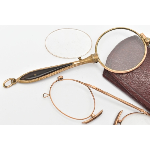 69 - A PAIR OF EARLY 20TH CENTURY LORGNETTES, rolled gold lorgnette with tortoise shell detail to the han... 