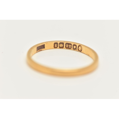 7 - A 22CT GOLD BAND RING, a thin yellow gold band, approximate width 2mm, hallmarked 22ct London 1953, ... 