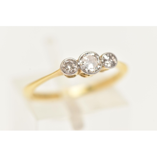 75 - A YELLOW METAL DIAMOND THREE STONE RING, three old cut diamonds, each in a collet setting, estimated... 