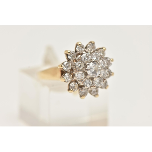 8 - A 9CT YELLOW AND WHITE GOLD DIAMOND CLUSTER RING, the tiered diamond cluster set throughout with app... 