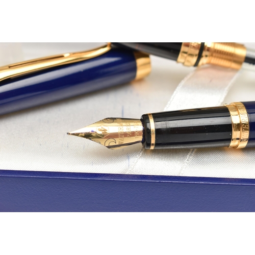 102 - TWO 'WATERMAN' FOUNTAIN PENS, the first a blue cased fountain pen fitted with a yellow metal nib, si... 