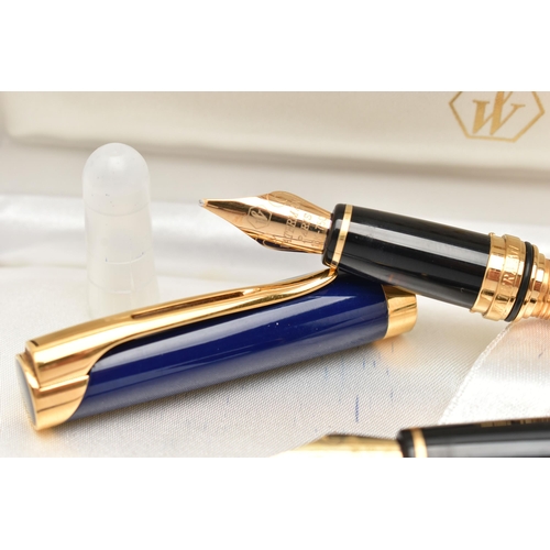 102 - TWO 'WATERMAN' FOUNTAIN PENS, the first a blue cased fountain pen fitted with a yellow metal nib, si... 