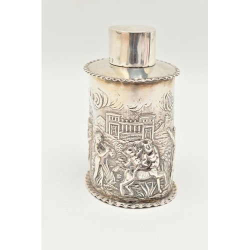 104 - A VICTORIA SILVER TEA CADDY, an oval form caddy, depicting a Grecian scene, with a crimped rim, hall... 