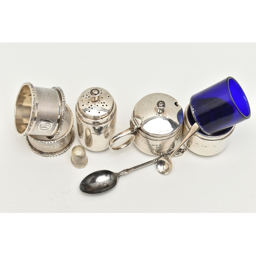 105 - ASSORTED SILVER ITEMS, to include a silver mustard with hinged cover (broken blue glass insert), wit... 