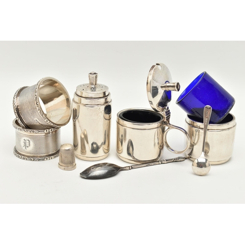 105 - ASSORTED SILVER ITEMS, to include a silver mustard with hinged cover (broken blue glass insert), wit... 