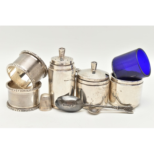 105 - ASSORTED SILVER ITEMS, to include a silver mustard with hinged cover (broken blue glass insert), wit... 