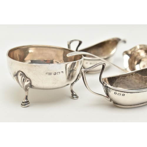 106 - A SELECTION OF SILVER CONDIMENTS, to include a small polished cream jug, raised on three ball feet w... 