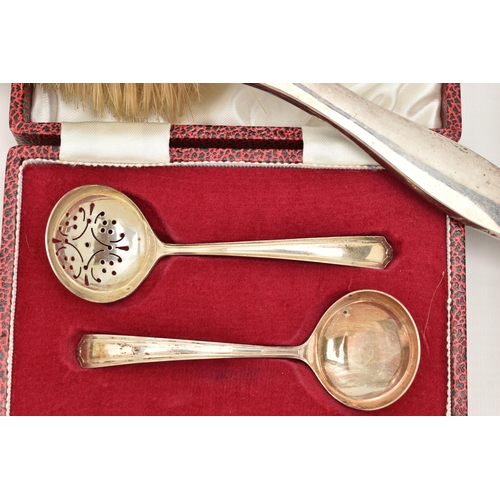 107 - A SELECTION OF SILVERWARE, to include a cased silver sifter ladle and sugar spoon, both with hallmar... 