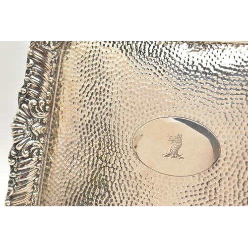 108 - AN EDWARD VI SILVER DRESSING TABLE TRAY, rectangular form tray with gadrooned detail, hammered base ... 