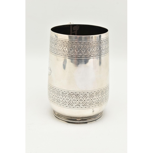 113 - A LATE VICTORIAN SILVER TANKARD, bright cut pattern, engraved crest reads 'Fide ET Clementia', and m... 