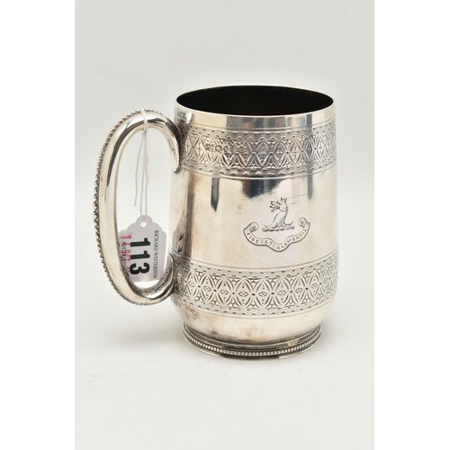 113 - A LATE VICTORIAN SILVER TANKARD, bright cut pattern, engraved crest reads 'Fide ET Clementia', and m... 