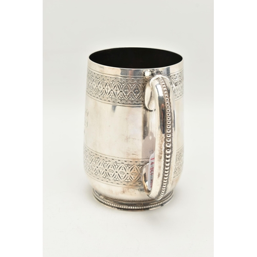 113 - A LATE VICTORIAN SILVER TANKARD, bright cut pattern, engraved crest reads 'Fide ET Clementia', and m... 