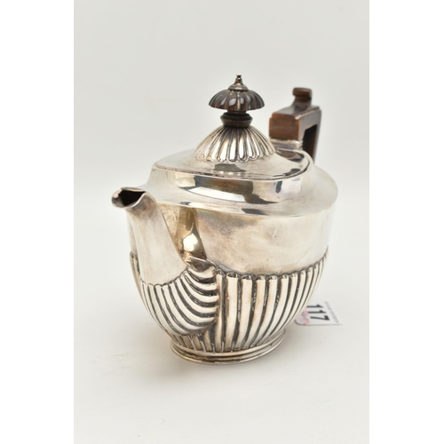 117 - A LATE VICTORIAN SILVER TEAPOT, stop reeded design, fitted with an ebonised handle and finial, maker... 