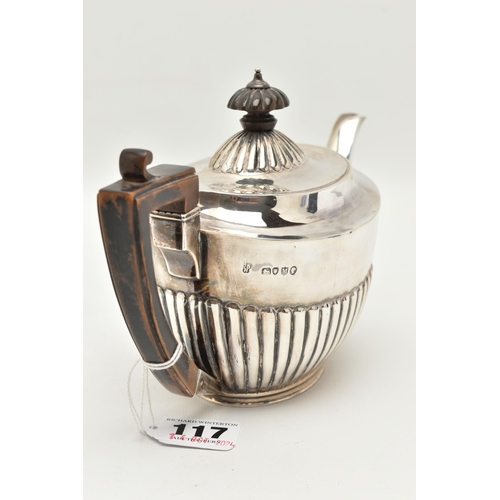 117 - A LATE VICTORIAN SILVER TEAPOT, stop reeded design, fitted with an ebonised handle and finial, maker... 