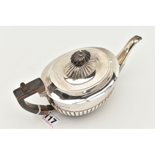 117 - A LATE VICTORIAN SILVER TEAPOT, stop reeded design, fitted with an ebonised handle and finial, maker... 