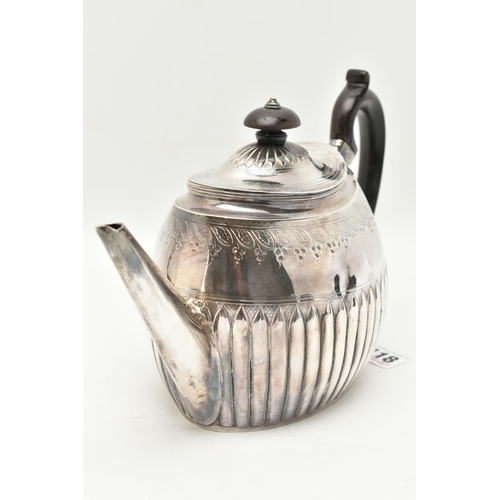 118 - A GEORGE III SILVER TEAPOT, stop reeded design with engraved foliate pattern, two vacant oval cartou... 