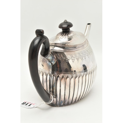 118 - A GEORGE III SILVER TEAPOT, stop reeded design with engraved foliate pattern, two vacant oval cartou... 