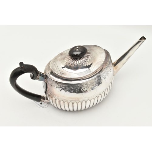 118 - A GEORGE III SILVER TEAPOT, stop reeded design with engraved foliate pattern, two vacant oval cartou... 