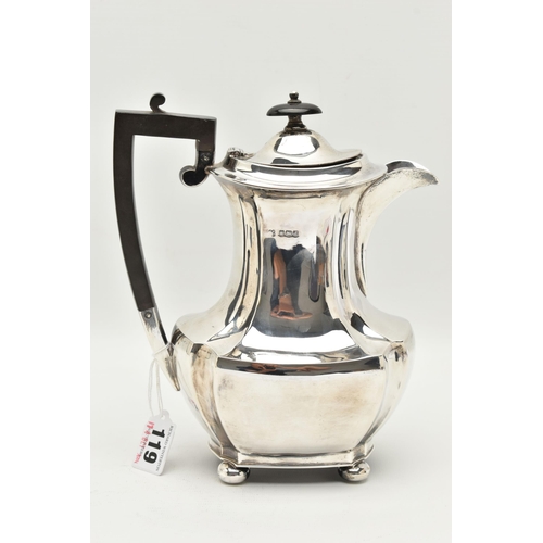 119 - A GEORGE V SILVER COFFEE POT, faceted polished design, fitted with an ebonised handle and finial, ra... 