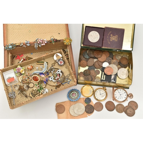 121 - A BOX OF POCKET WATCHES, COSTUME JEWELLERY AND COINS, the first one a full hunter gold plated pocket... 