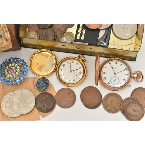 121 - A BOX OF POCKET WATCHES, COSTUME JEWELLERY AND COINS, the first one a full hunter gold plated pocket... 