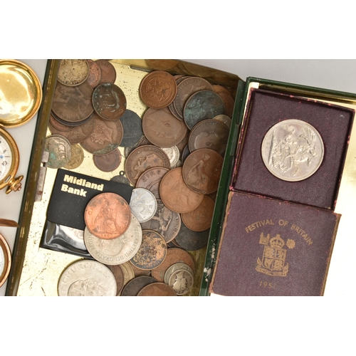 121 - A BOX OF POCKET WATCHES, COSTUME JEWELLERY AND COINS, the first one a full hunter gold plated pocket... 