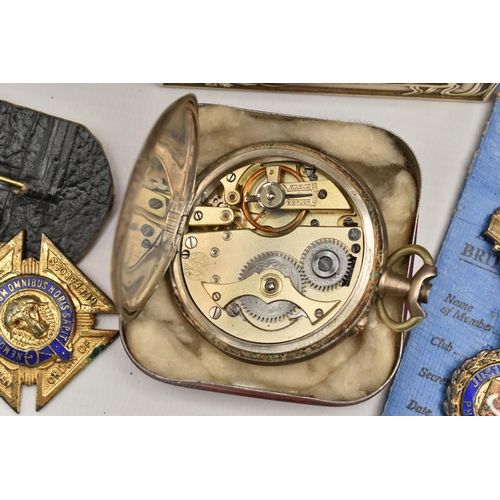 124 - A BOX OF ASSORTED ITEMS, to include a rose metal ladies open face pocket watch, unmarked, approximat... 