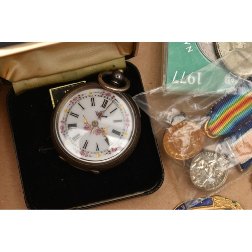 124 - A BOX OF ASSORTED ITEMS, to include a rose metal ladies open face pocket watch, unmarked, approximat... 