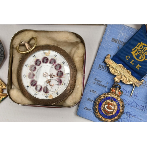 124 - A BOX OF ASSORTED ITEMS, to include a rose metal ladies open face pocket watch, unmarked, approximat... 