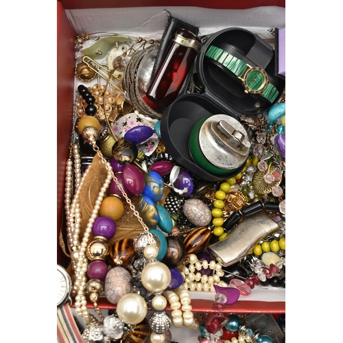 125 - A BOX OF ASSORTED JEWELLERY AND WATCHES, to include a selection of beaded necklaces, brooches and ea... 