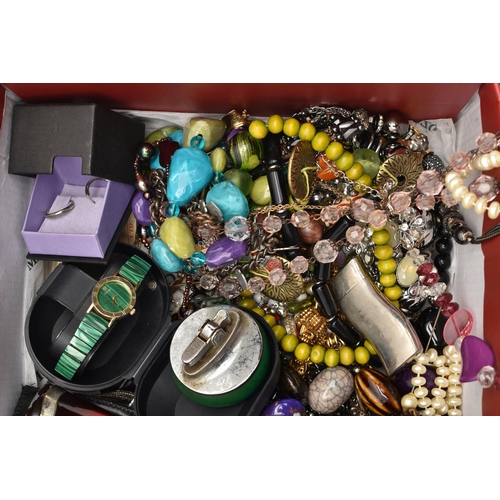 125 - A BOX OF ASSORTED JEWELLERY AND WATCHES, to include a selection of beaded necklaces, brooches and ea... 