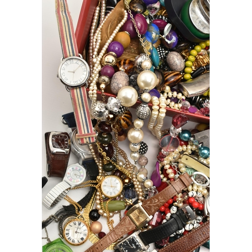 125 - A BOX OF ASSORTED JEWELLERY AND WATCHES, to include a selection of beaded necklaces, brooches and ea... 