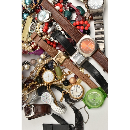 125 - A BOX OF ASSORTED JEWELLERY AND WATCHES, to include a selection of beaded necklaces, brooches and ea... 