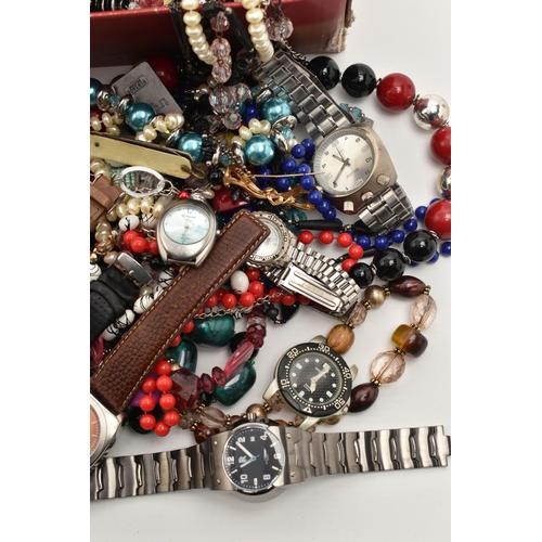 125 - A BOX OF ASSORTED JEWELLERY AND WATCHES, to include a selection of beaded necklaces, brooches and ea... 