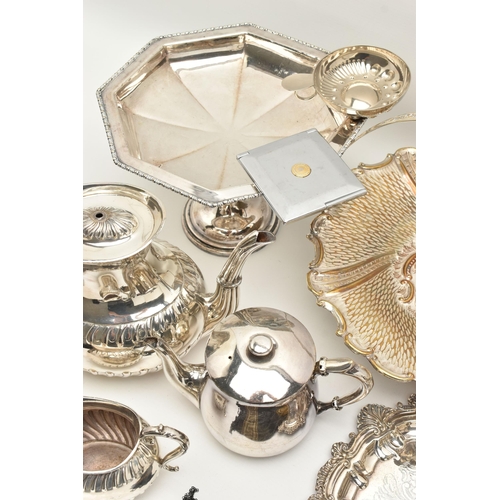 126 - A BOX OF ASSORTED WHITE METAL, to include two trays, a basket, two trays, a raised dish, a coffee po... 