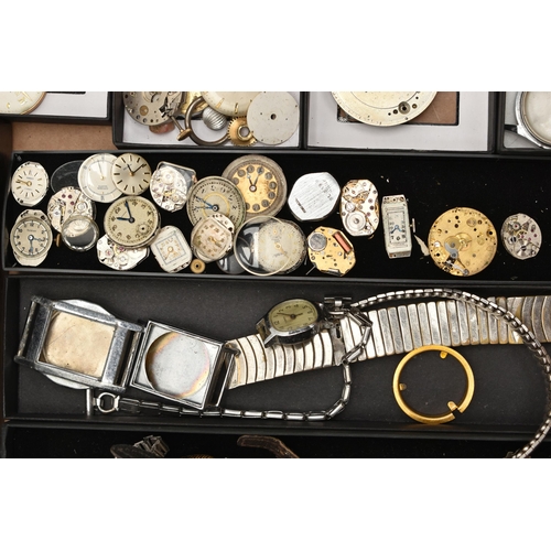 127 - A BOX OF ASSORTED WATCH/POCKET WATCH MOVEMENTS AND PARTS WITH WRISTWATCHES, to include various movem... 