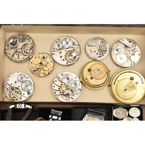 127 - A BOX OF ASSORTED WATCH/POCKET WATCH MOVEMENTS AND PARTS WITH WRISTWATCHES, to include various movem... 