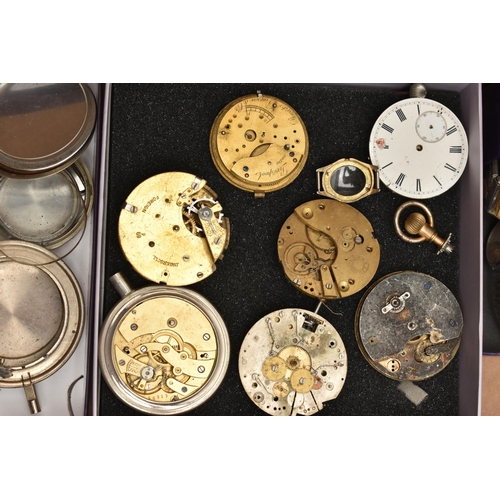 127 - A BOX OF ASSORTED WATCH/POCKET WATCH MOVEMENTS AND PARTS WITH WRISTWATCHES, to include various movem... 