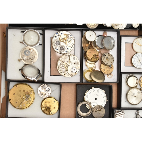 127 - A BOX OF ASSORTED WATCH/POCKET WATCH MOVEMENTS AND PARTS WITH WRISTWATCHES, to include various movem... 